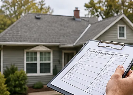 Home inspector holding a clipboard in front of a house