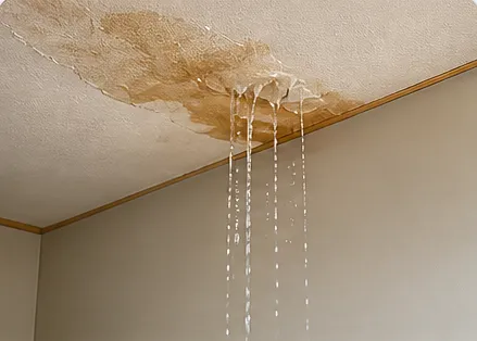 Water stain spreading across a ceiling with drips coming through