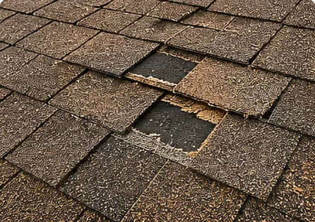 Close-up of an asphalt roof with missing and worn shingles