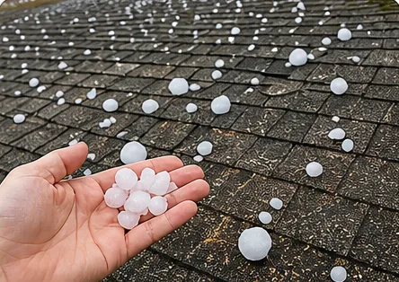Hand holding hailstones over a shingle roof after a storm